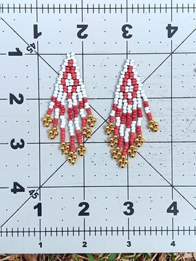 Handmade White and Red Beaded Fringe Earrings with Gold Accents